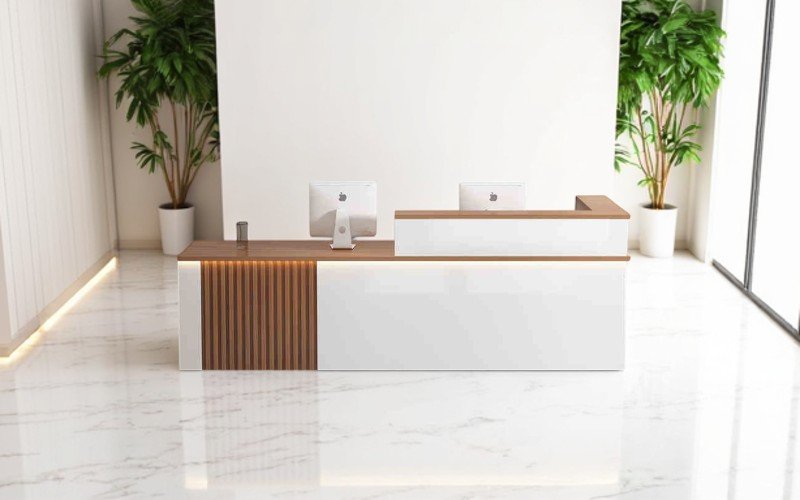 Quầy lễ tân chữ L tiết kiệm diện tích dễ bố trí