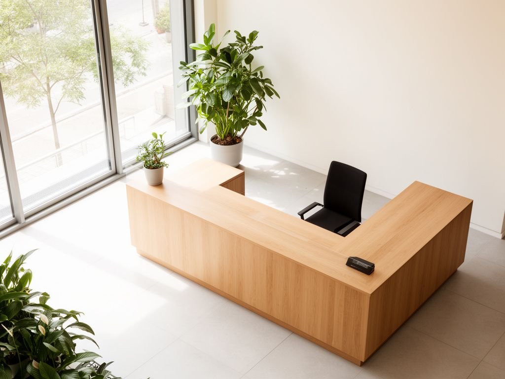 Không gian sảnh hiện đại với quầy lễ tân gỗ tự nhiên sáng đẹp