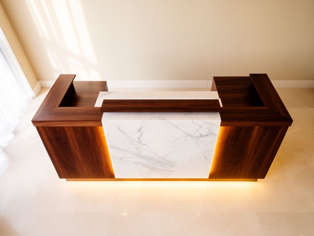Mẫu quầy lễ tân đẹp ốp đá marble phối gỗ óc chó sang trọng