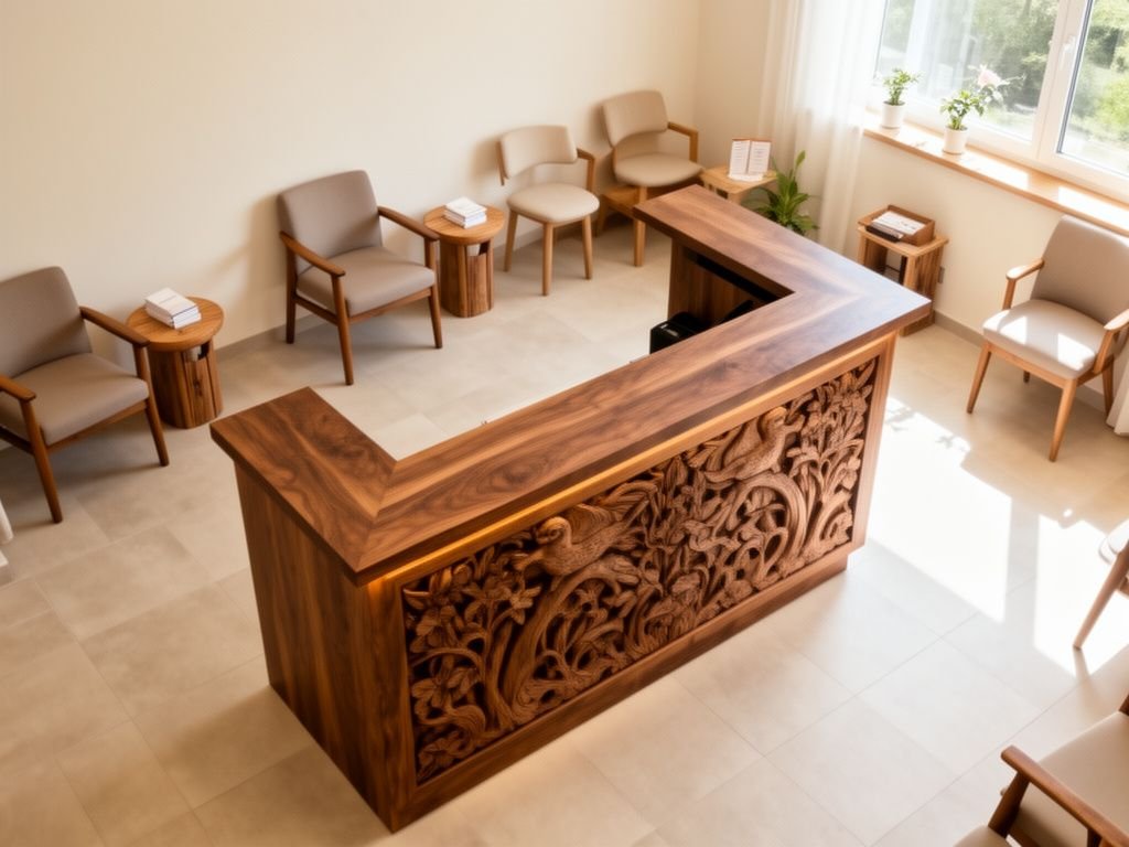 Quầy lễ tân gỗ óc chó chạm khắc phong cách Bắc Âu