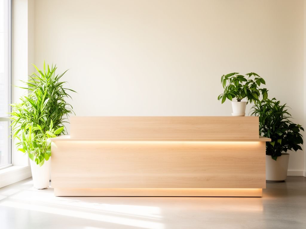 Quầy lễ tân gỗ sáng màu kết hợp đèn led và cây xanh trang trí
