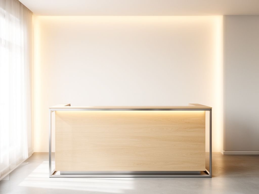Quầy lễ tân gỗ sáng màu kết hợp khung kim loại và backdrop