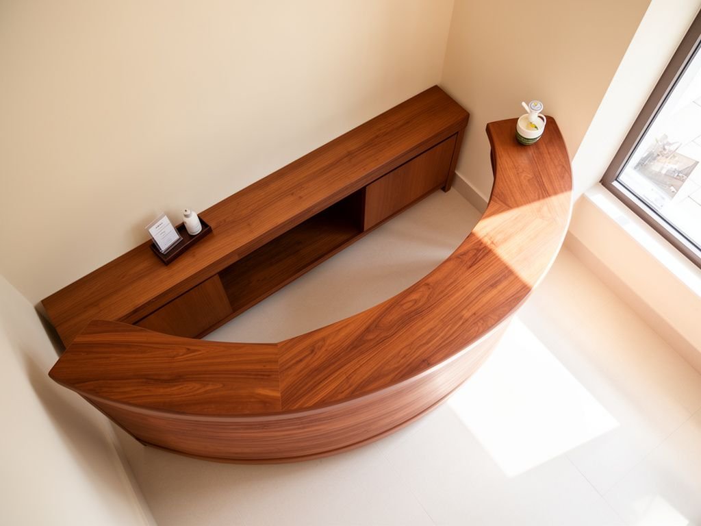 Quầy lễ tân gỗ tự nhiên văn phòng dáng cong chất liệu teak