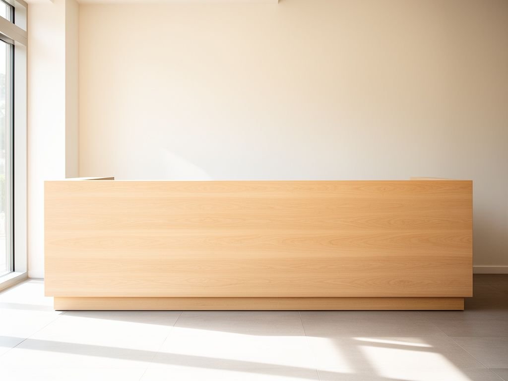 quầy lễ tân gỗ veneer sáng màu trong sảnh khách sạn hiện đại