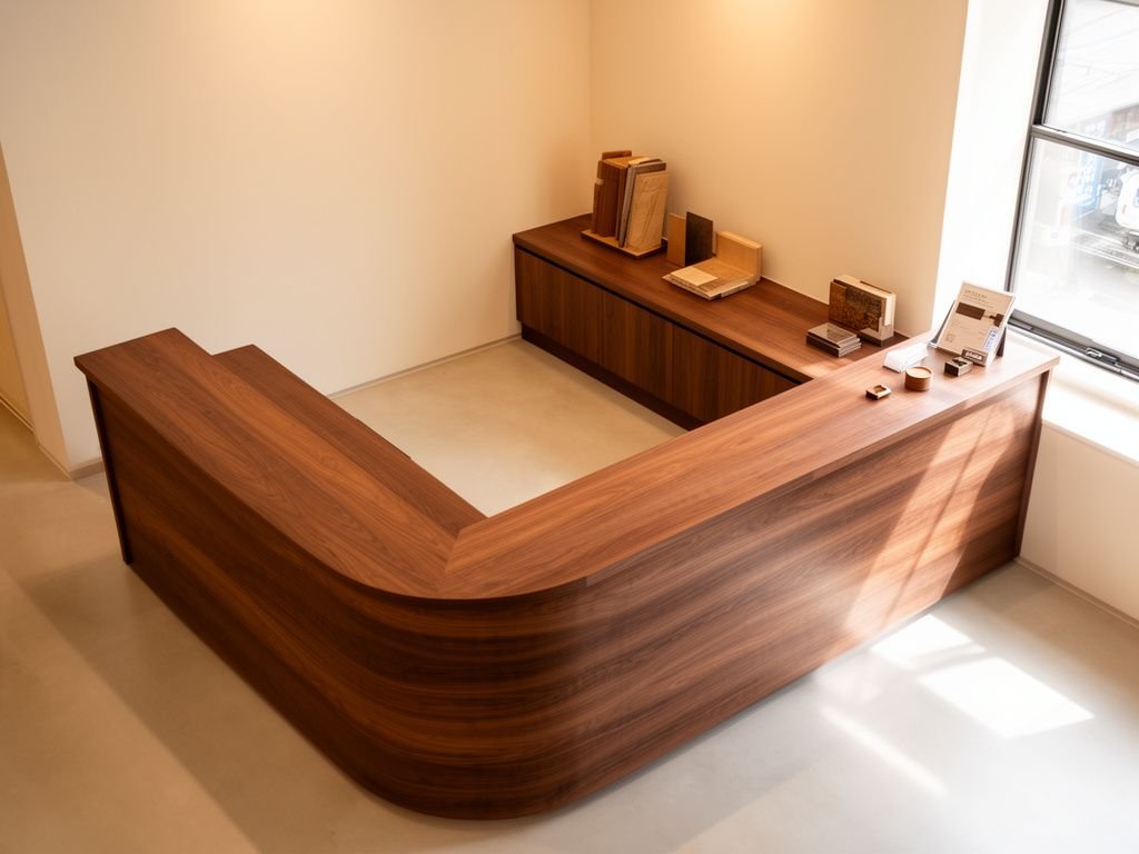 Quầy tiếp tân chữ L gỗ óc chó trong showroom rộng rãi