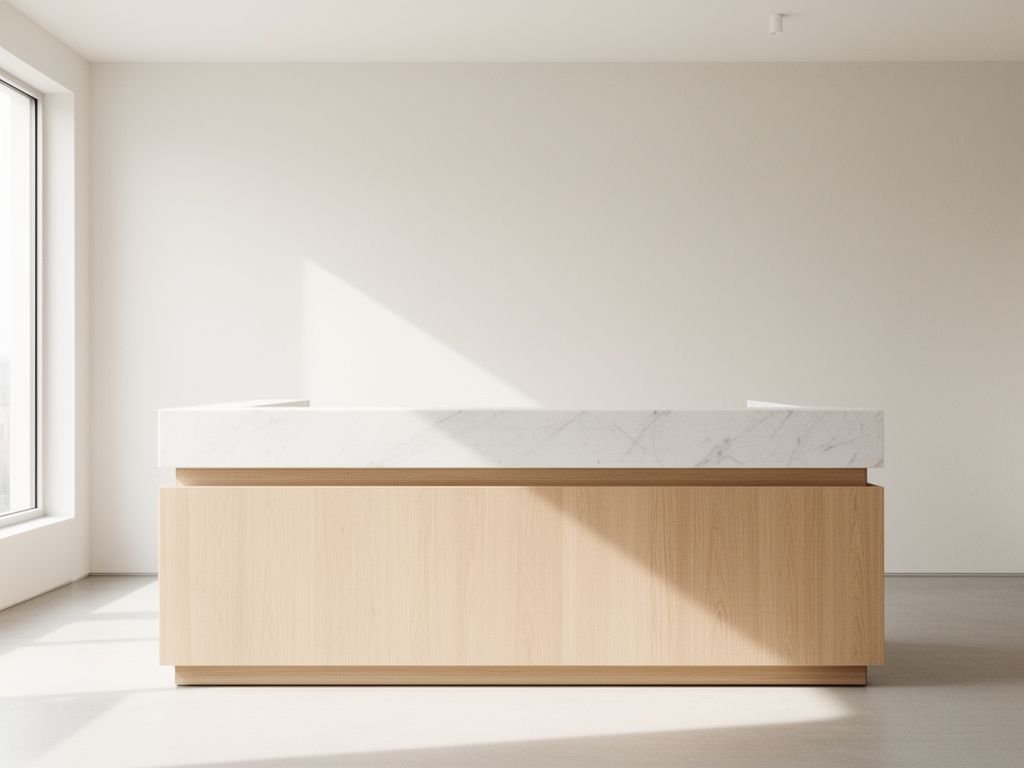 Thiết kế quầy lễ tân gỗ kết hợp mặt đá marble sang trọng