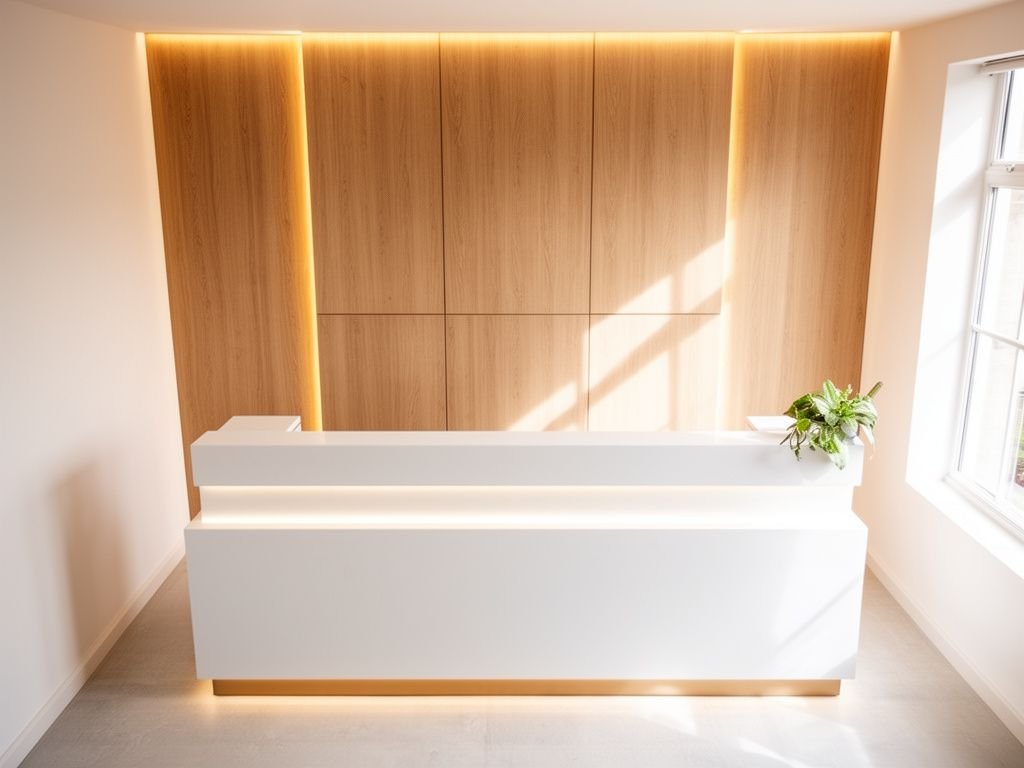 Vách trang trí đèn LED sau quầy lễ tân tạo điểm nhấn