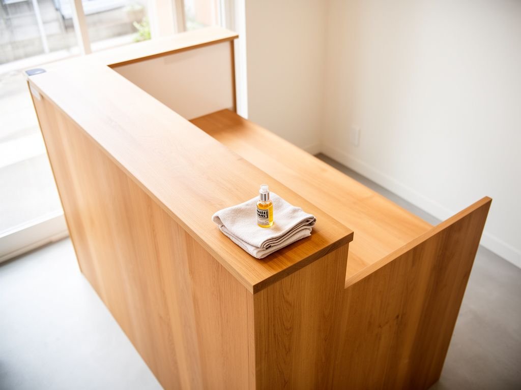 Vệ sinh quầy lễ tân đúng cách bằng khăn mềm và dầu dưỡng gỗ