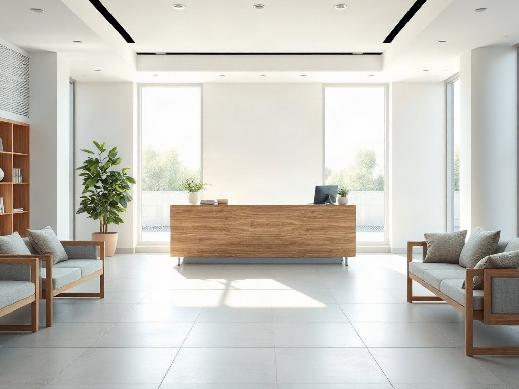 10 mẫu quầy lễ tân văn phòng đẹp rẻ vân gỗ sồi đặt trong sảnh sáng