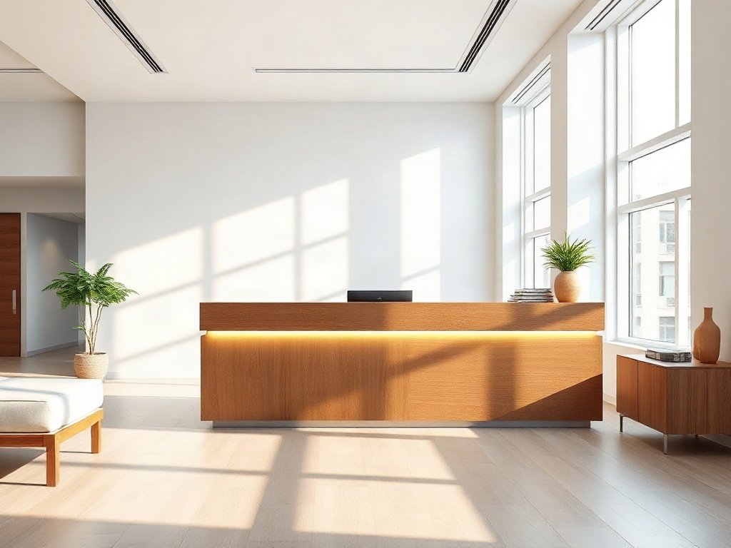 3 cách tăng tính thẩm mỹ quầy lễ tân bằng quầy gỗ hiện đại có đèn led hắt trong sảnh sáng