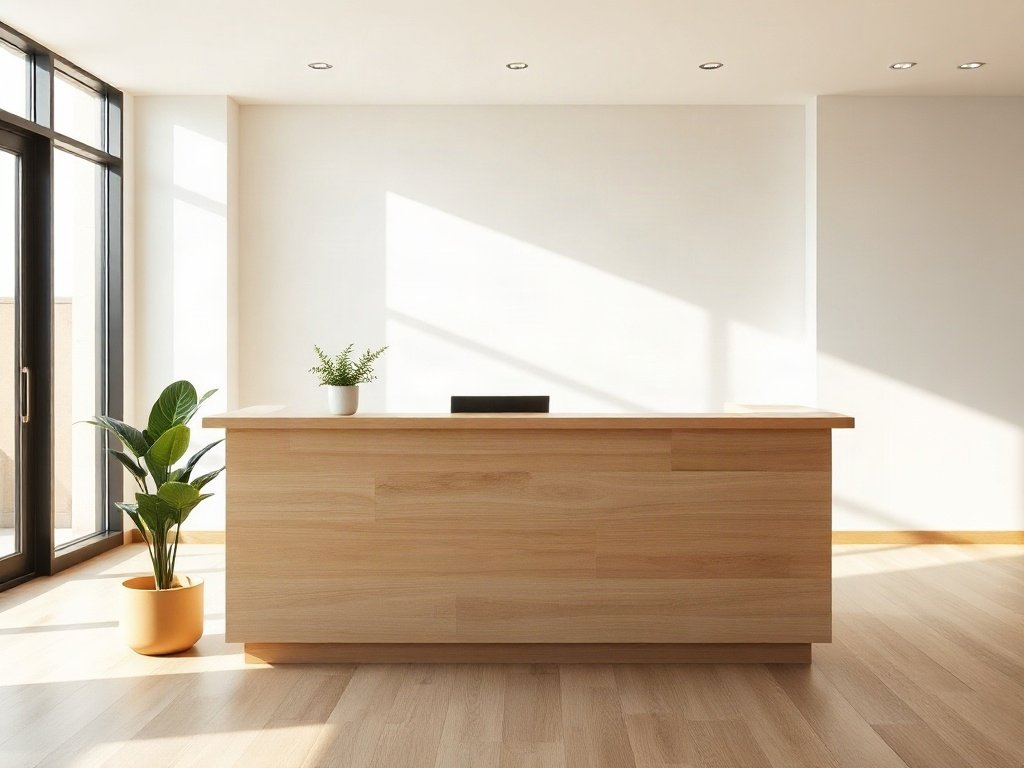 Bàn tiếp tân giá rẻ gỗ sáng đặt tại lối vào showroom nhỏ