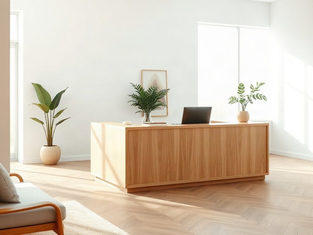 Bàn tiếp tân văn phòng chữ L gỗ sáng trong sảnh phòng khám