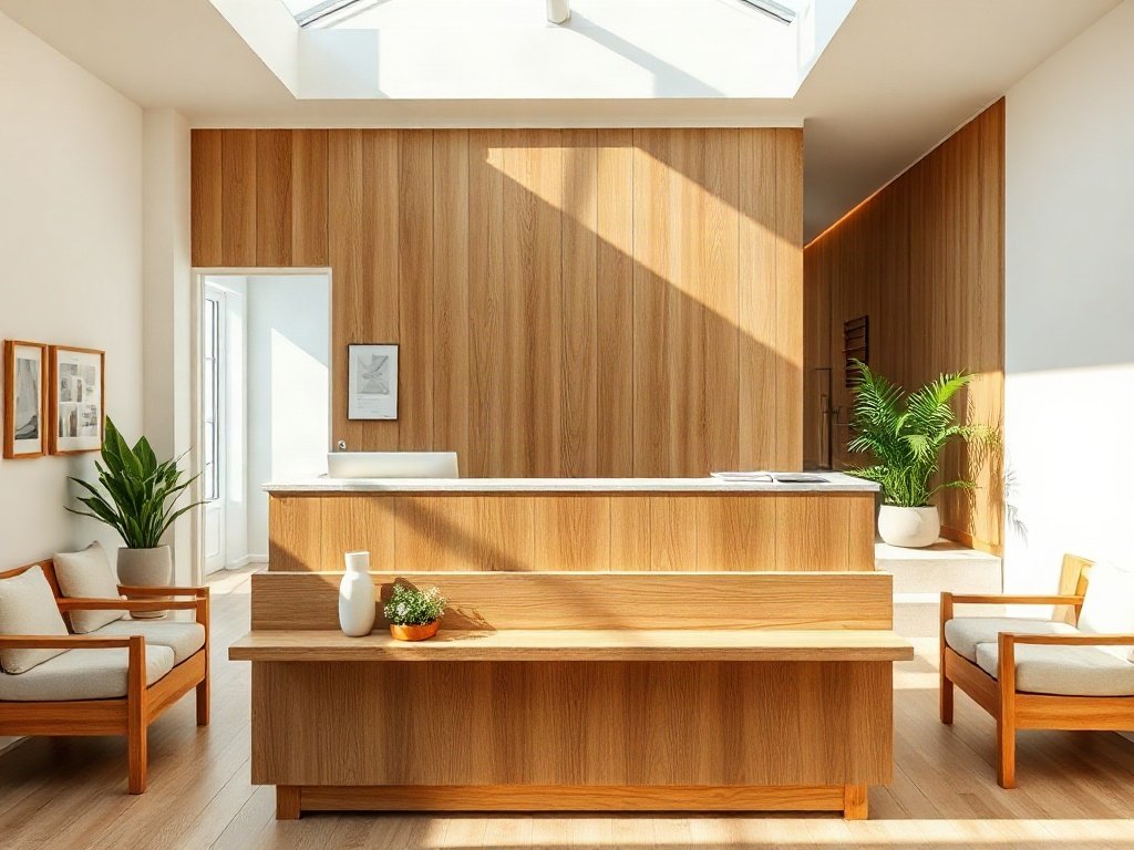 Báo giá quầy lễ tân hai tầng gỗ teak mặt đá cho phòng khám