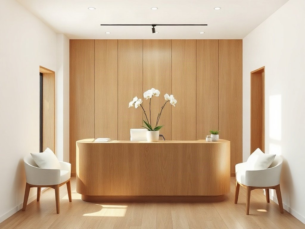 Báo giá quầy lễ tân spa dạng chữ L mặt đá sáng trong spa hiện đại