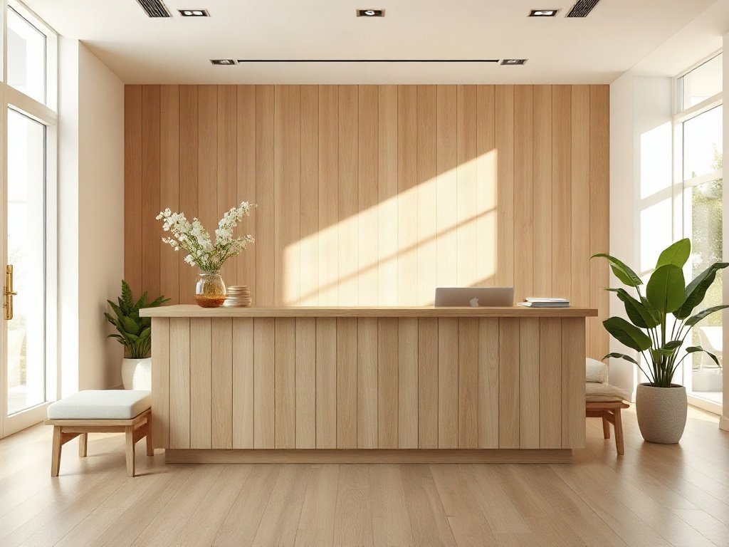 Bố trí quầy lễ tân phong cách Japandi tại sảnh spa sáng sủa