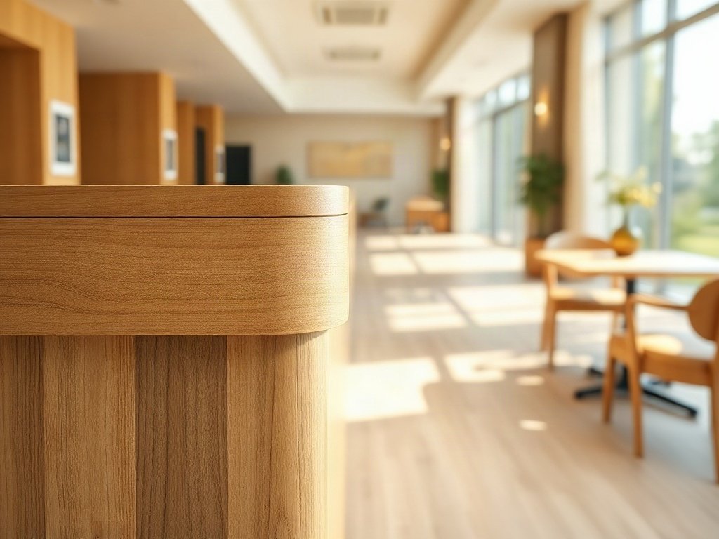 Cận cảnh vân gỗ mặt quầy lễ tân gỗ teak bo góc cho mặt bằng quầy lễ tân nhỏ