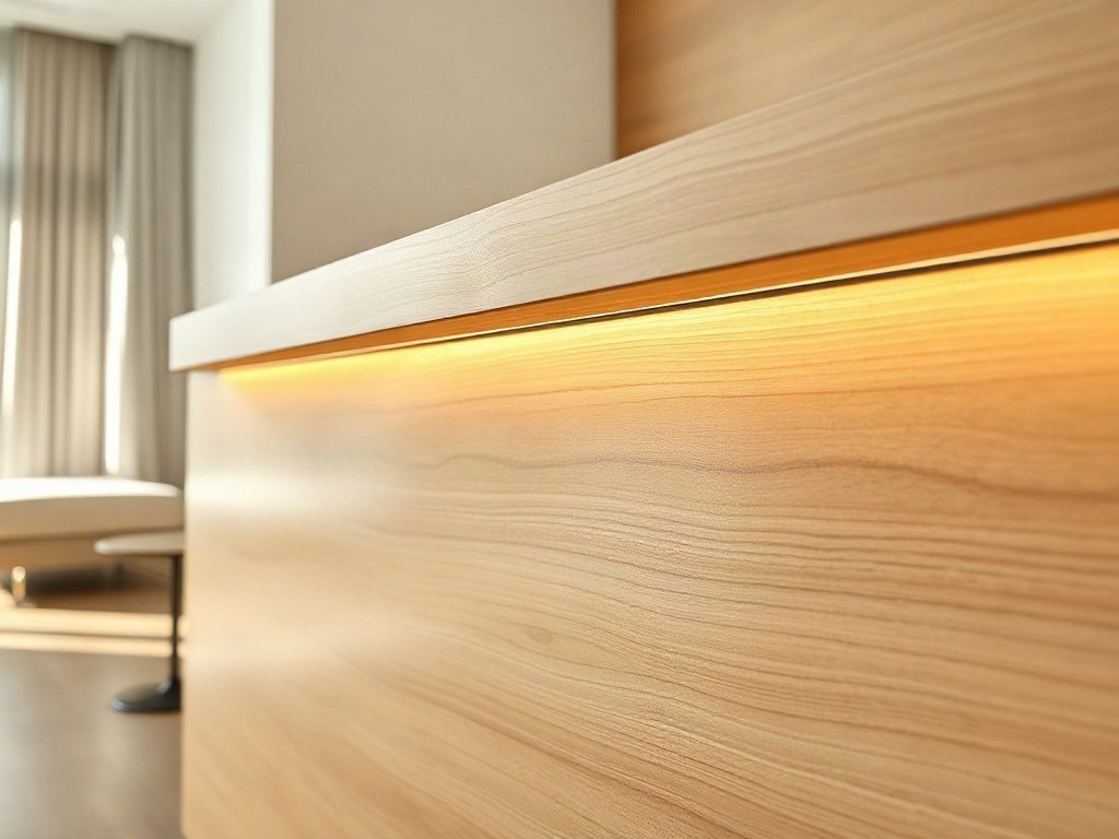 Cận cảnh vân gỗ sồi trên thiết kế quầy lễ tân khách sạn có đèn led hắt