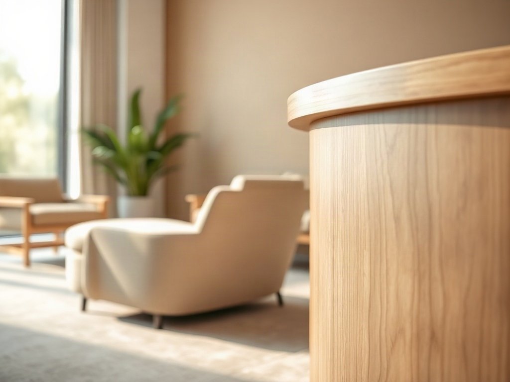 Cận cảnh vân gỗ và kích thước quầy lễ tân hoàn thiện tinh xảo