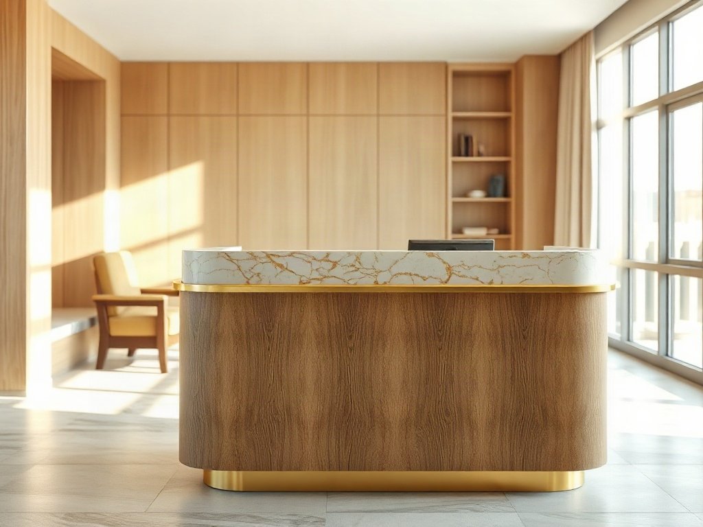 Chi tiết chất liệu quầy lễ tân gỗ óc chó và đá vàng cho khách sạn