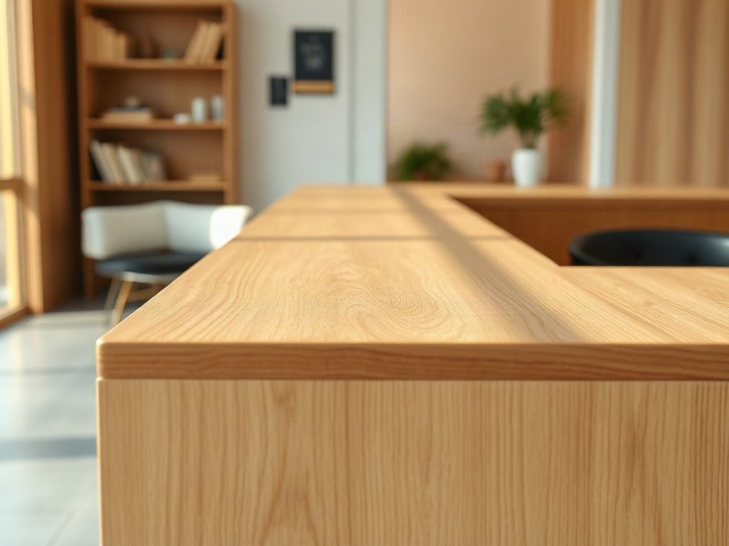Chi tiết vân gỗ bề mặt quầy lễ tân gỗ công nghiệp phủ melamine