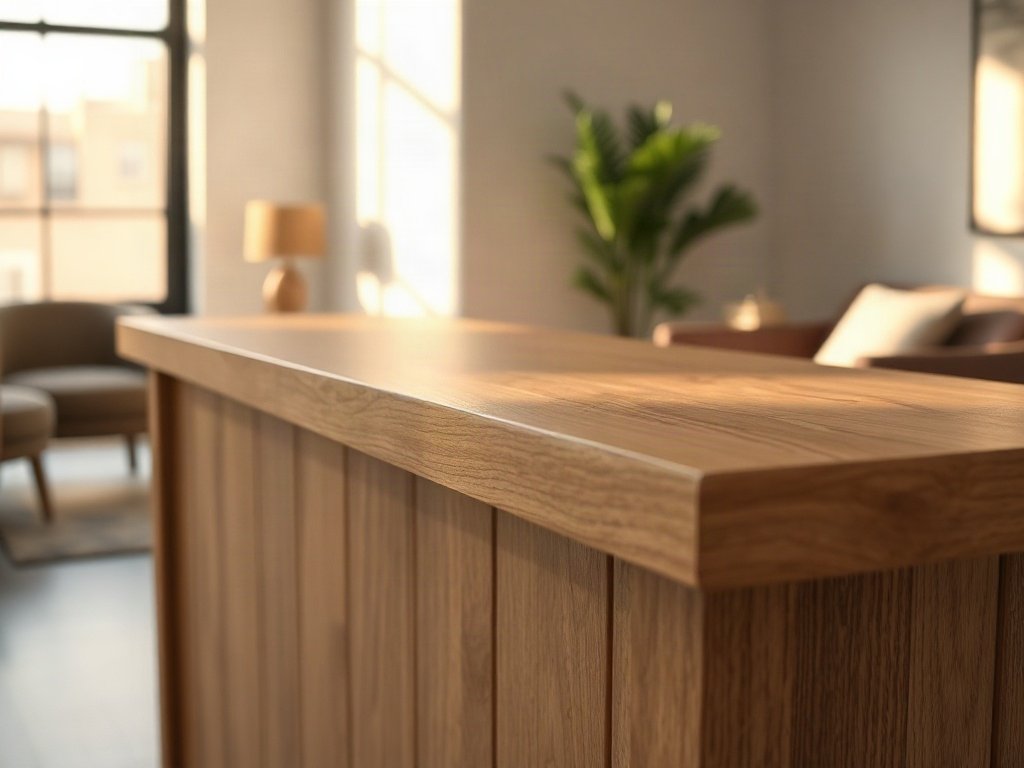 Chi tiết vân gỗ và cạnh dán chất liệu quầy lễ tân gỗ sồi