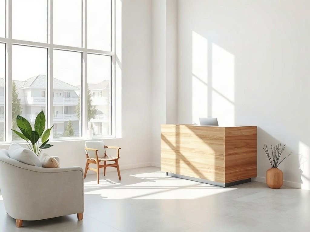 Kích thước quầy lễ tân chữ L tận dụng góc tường phòng khám