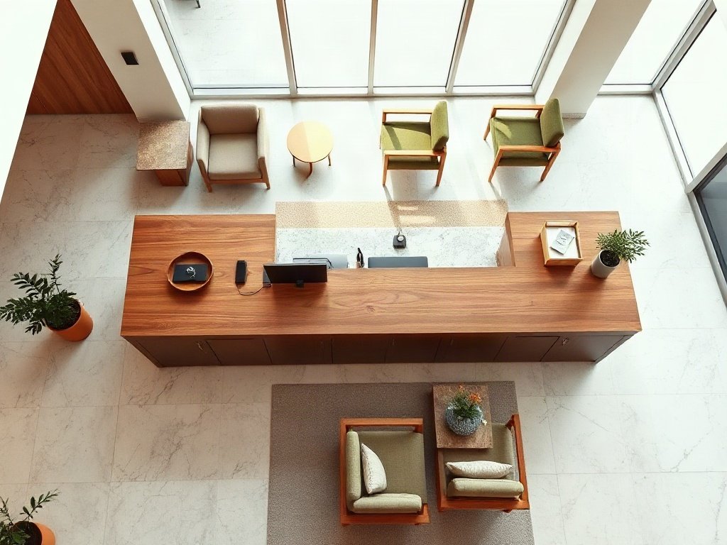 Mẫu bàn tiếp tân hiện đại gỗ óc chó mặt đá nhìn từ trên xuống
