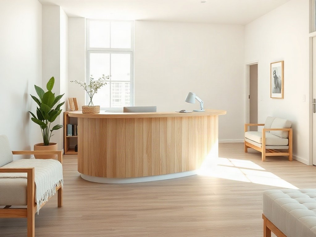 Mẫu báo giá quầy lễ tân mini màu trắng vân gỗ sáng trong phòng khám