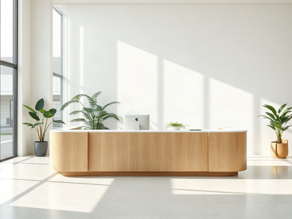 Mẫu quầy lễ tân gỗ công nghiệp dạng chữ L trong sảnh văn phòng