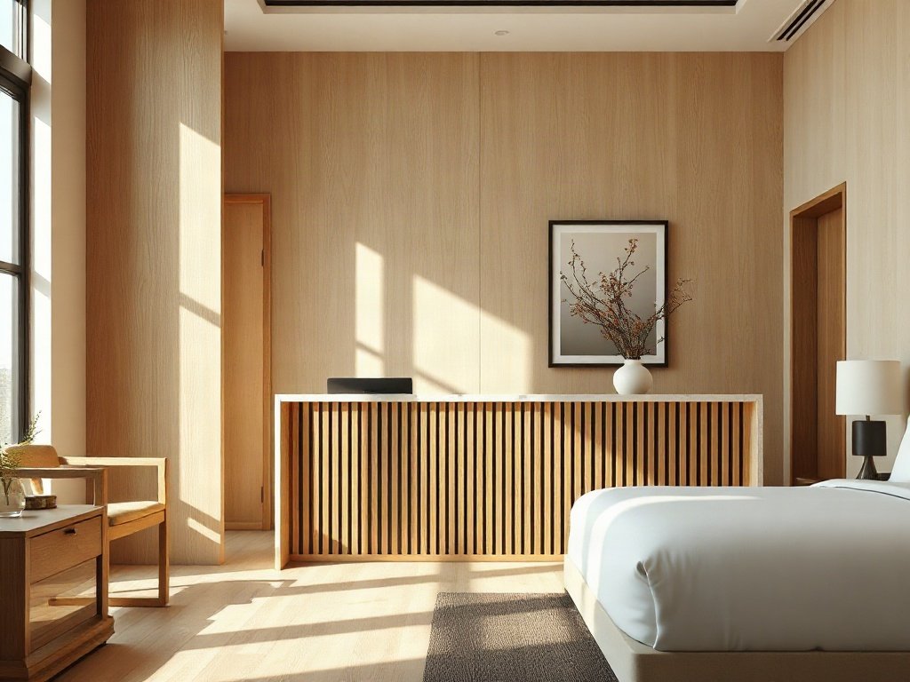 Mẫu quầy lễ tân khách sạn đẹp phong cách Japandi ốp nan gỗ sồi