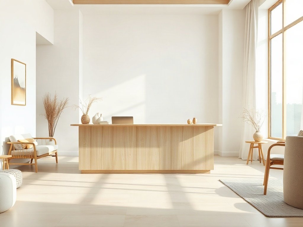 Mẫu quầy lễ tân spa phong cách Japandi tối giản màu gỗ tần bì