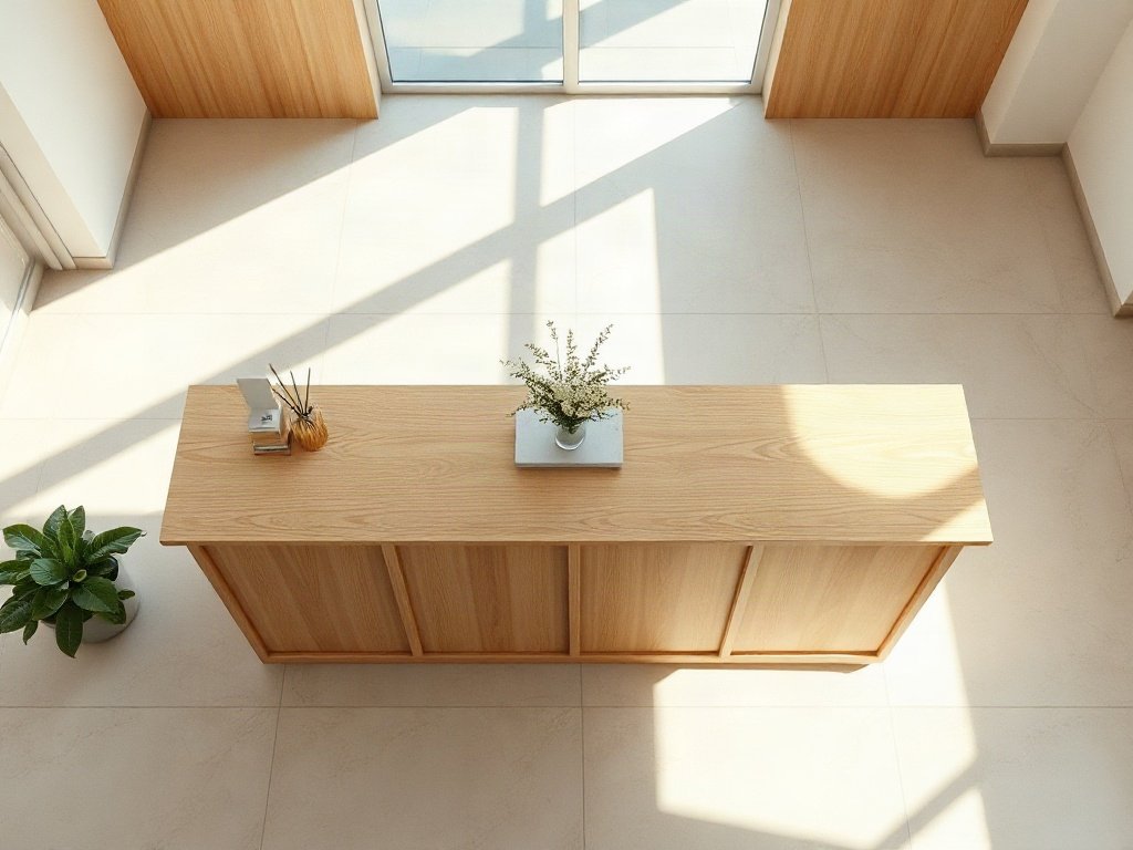 Màu sắc quầy lễ tân phối gỗ sáng và đá cùng phụ kiện hoa trang trí nhìn từ trên xuống