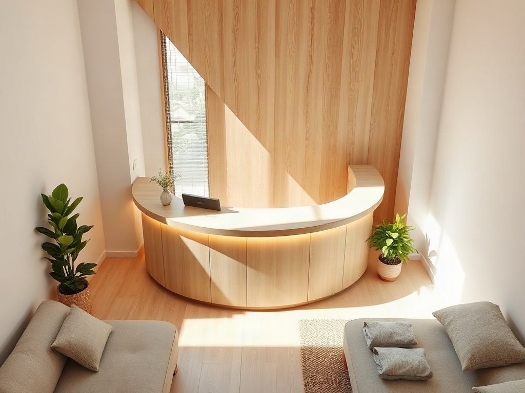 Quầy lễ tân cho spa dáng bo cong màu kem với đèn led hắt dịu