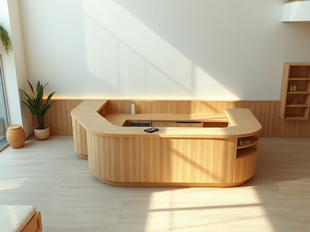 Quầy lễ tân chữ L cho spa với ánh sáng quầy lễ tân dịu nhẹ phía hậu quầy