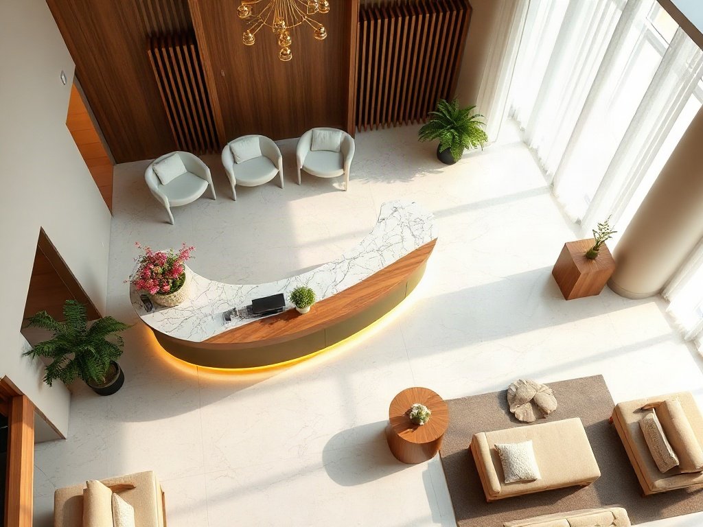 Quầy lễ tân cong liền khối với ánh sáng quầy lễ tân hắt chân tinh tế
