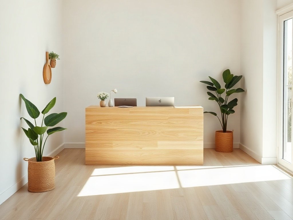 Quầy lễ tân gỗ sồi phong cách Bắc Âu trong sảnh phòng khám