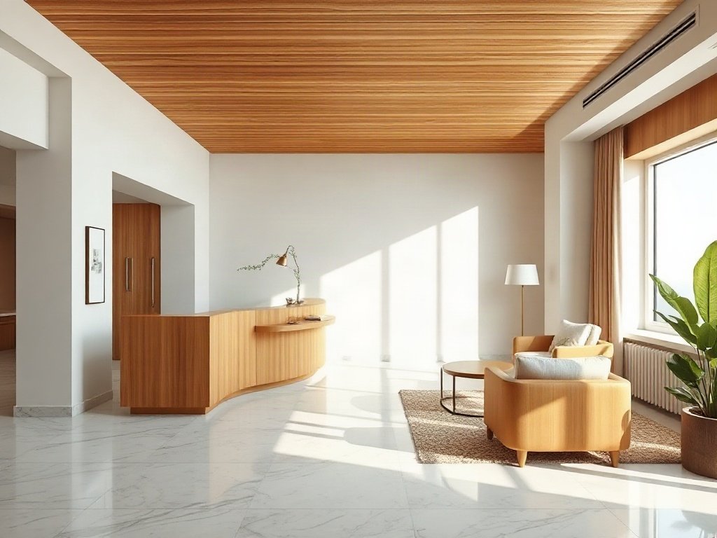 Quầy lễ tân gỗ teak dài trong sảnh khách sạn rộng với chất liệu quầy lễ tân bền đẹp