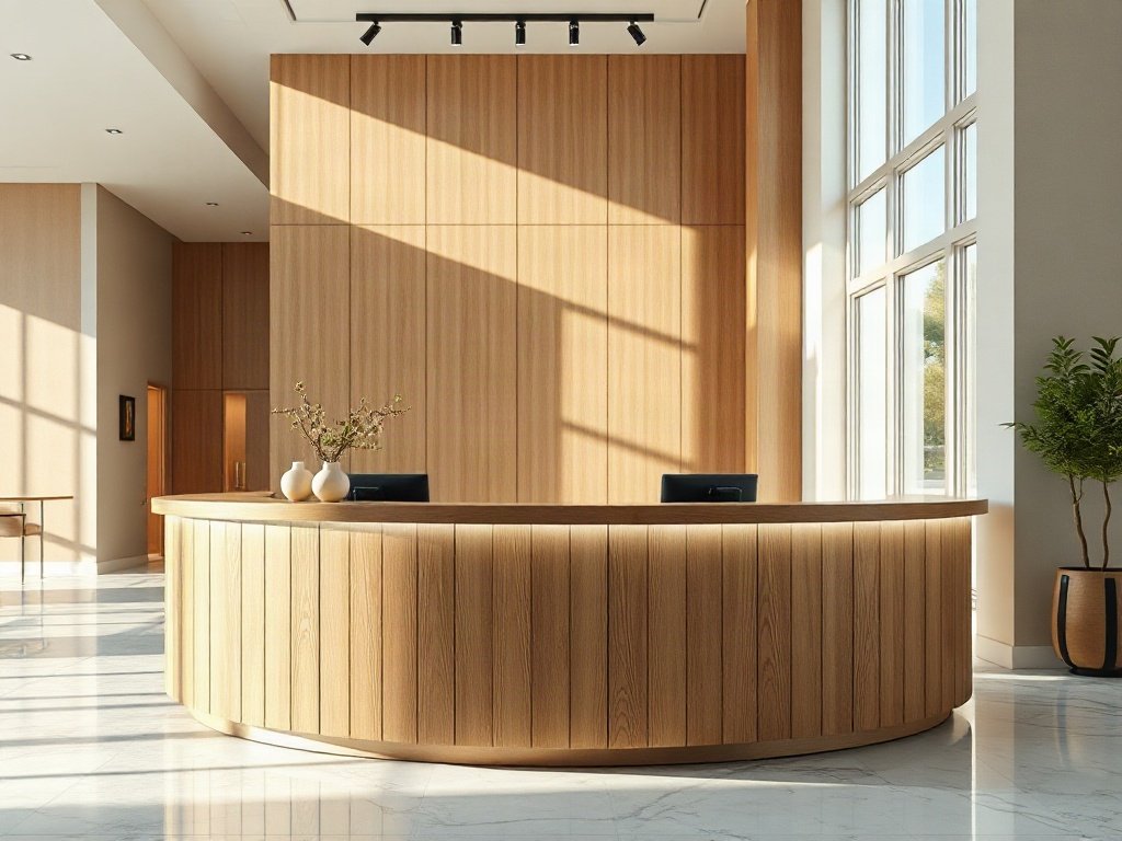 Quầy lễ tân gỗ teak dáng cong trong sảnh khách sạn rộng sáng