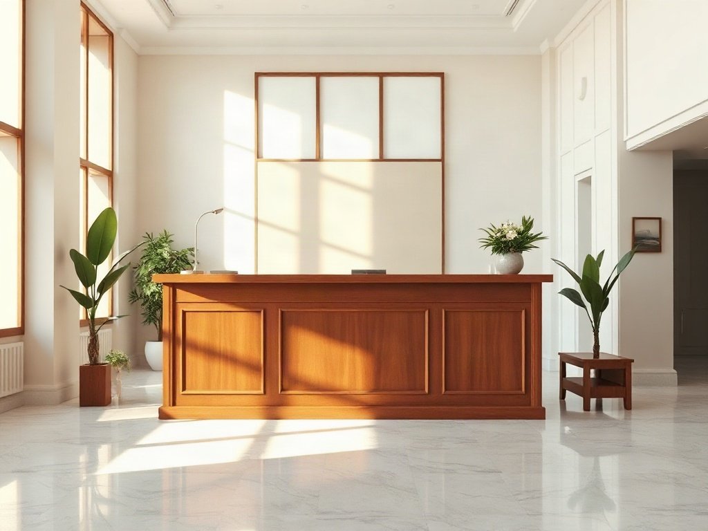 Quầy lễ tân khách sạn tại quận 6 bằng gỗ đặt trong sảnh sáng đẹp