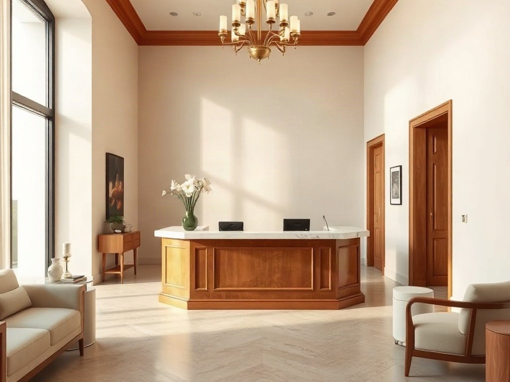 Quầy lễ tân khách sạn tân cổ điển mặt đá marble viền đồng