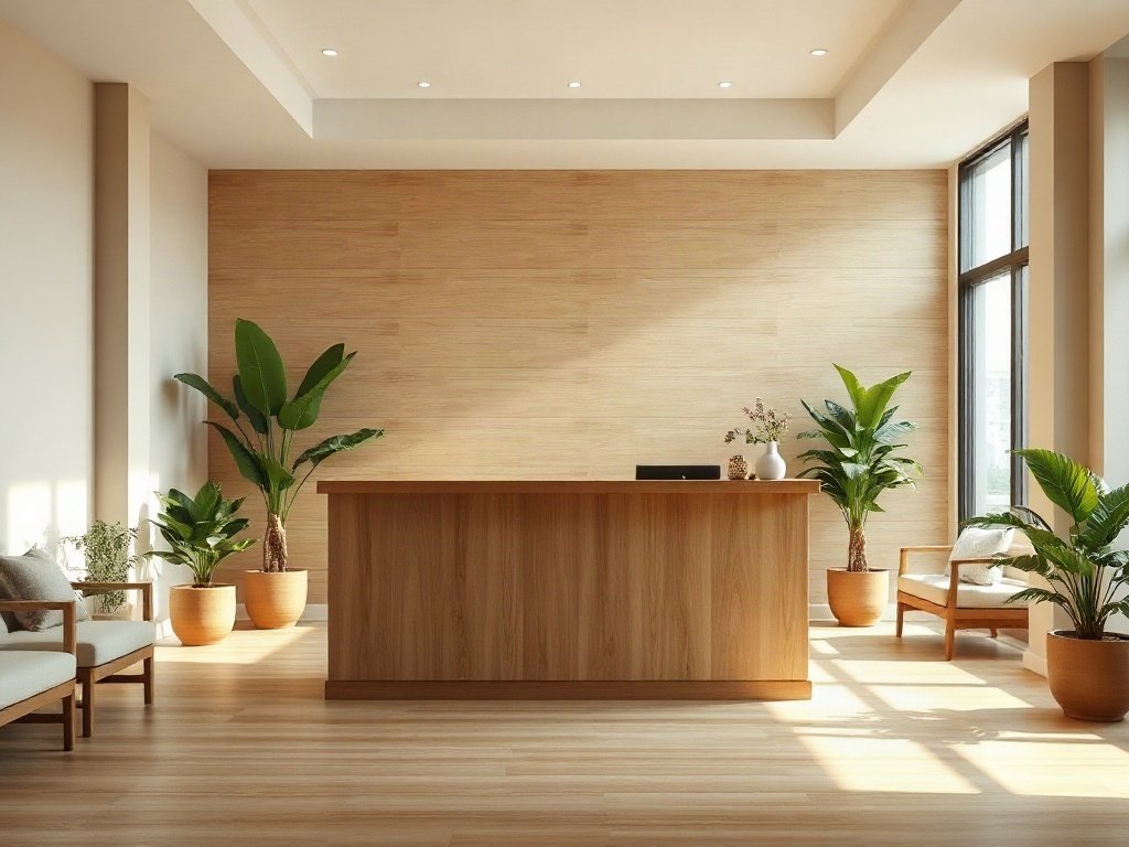 Quầy lễ tân spa tại quận 6 bằng gỗ sáng đặt trong sảnh spa sáng sủa