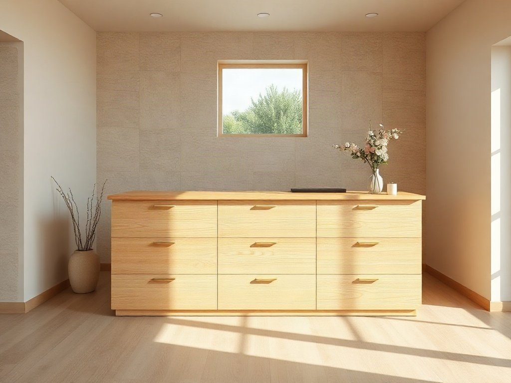 Quầy lễ tân văn phòng gỗ tần bì phong cách Japandi tại sảnh spa