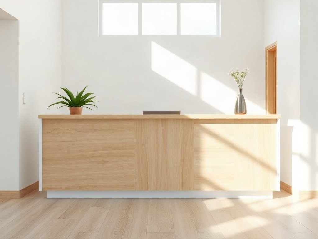 Quầy tiếp tân văn phòng nhỏ gọn màu trắng vân gỗ cho sảnh hẹp