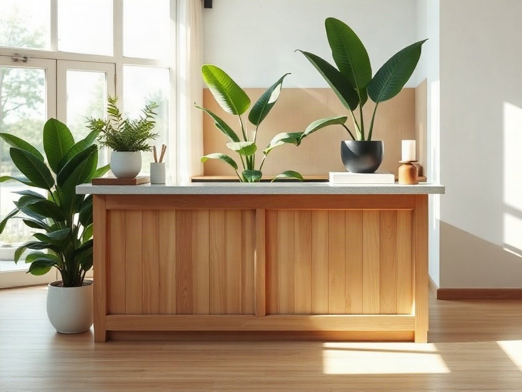 Thiết kế bàn quầy theo yêu cầu bằng gỗ teak mặt đá trong quán cà phê