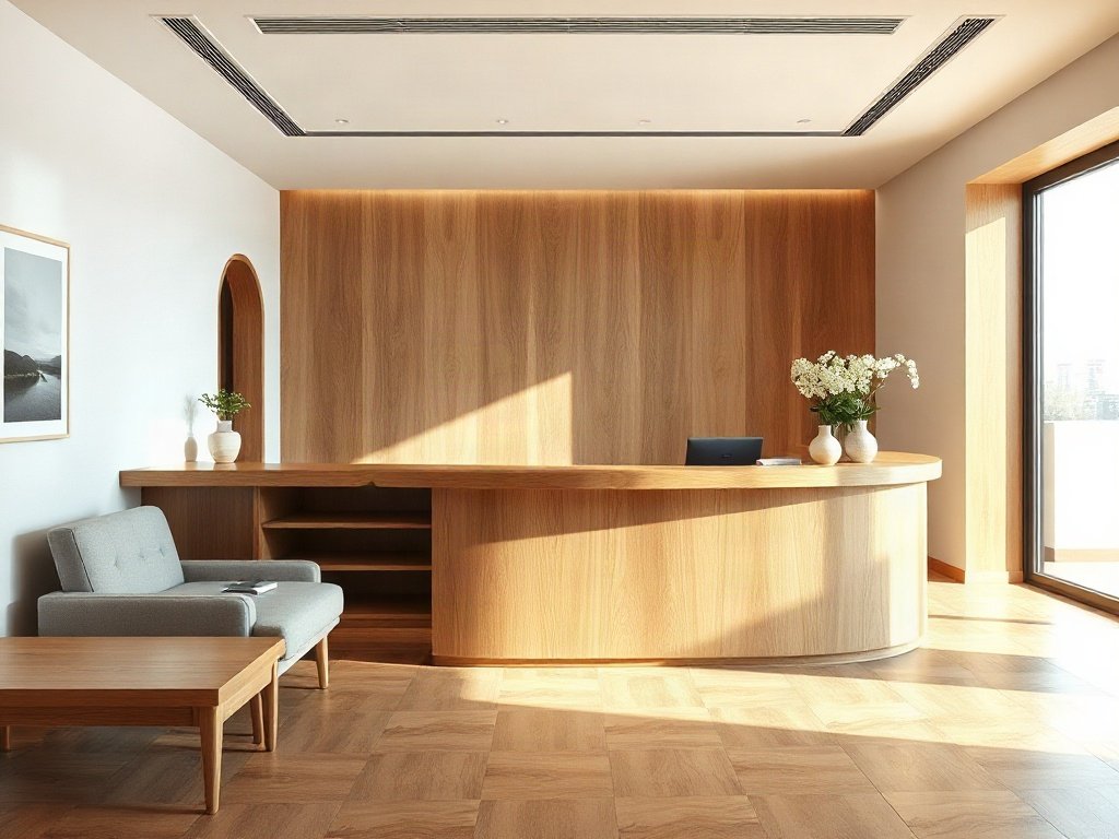 Thiết kế quầy lễ tân gỗ óc chó cong hiện đại với hộc tủ và hộp kỹ thuật