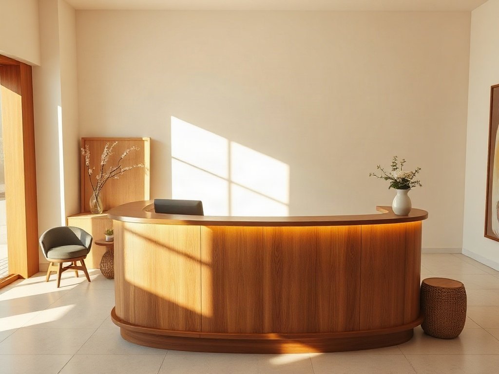 Thiết kế quầy lễ tân spa dạng cong bằng gỗ óc chó