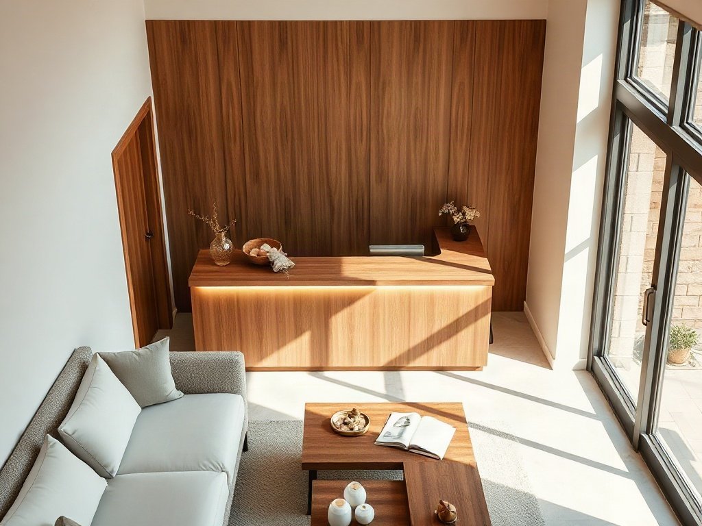 Thiết kế quầy lễ tân spa nhỏ có kệ trưng bày trong sảnh nhà phố