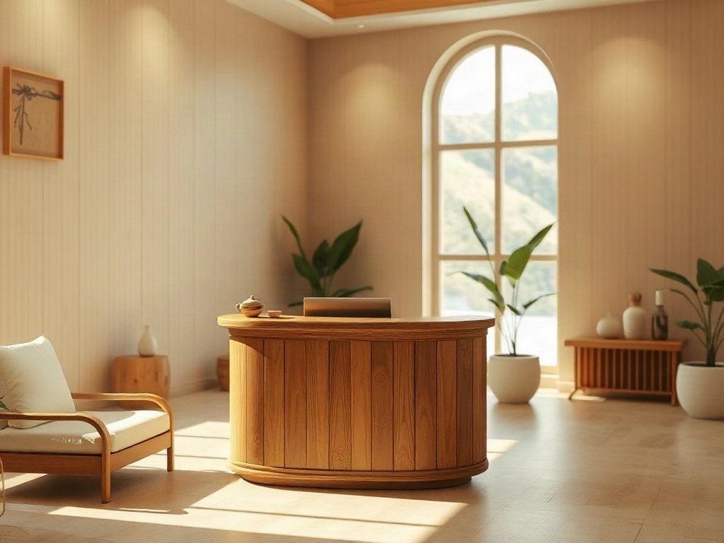 Thiết kế quầy lễ tân spa nhỏ gọn bo cong tông be ấm áp