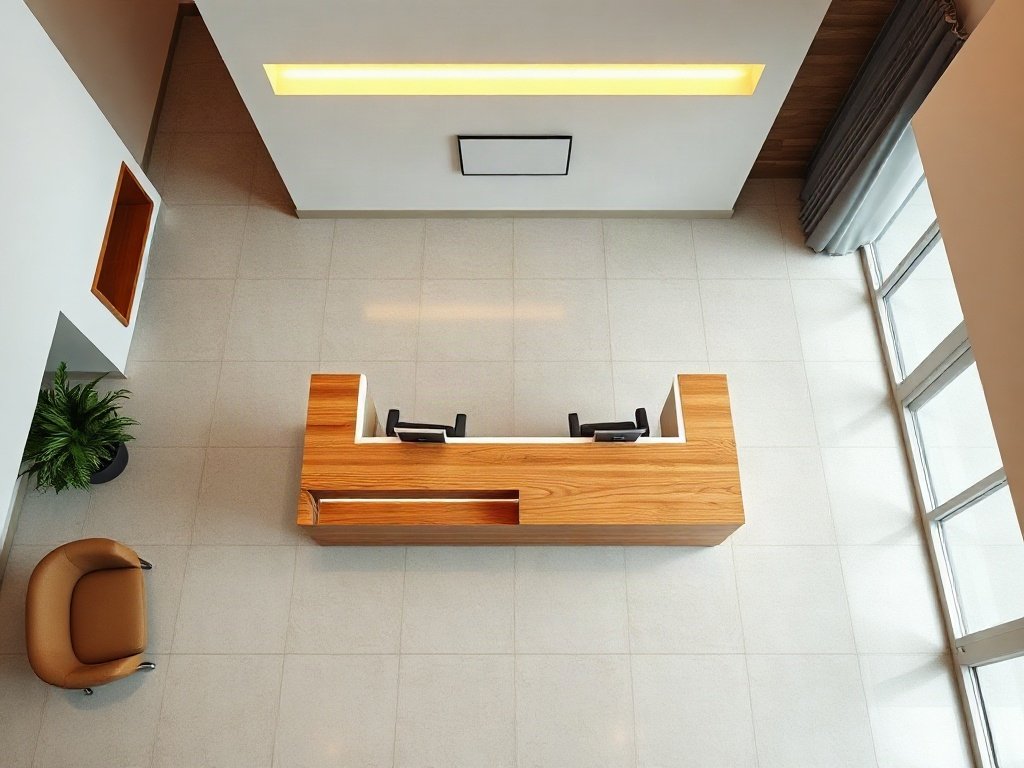Thiết kế quầy lễ tân văn phòng hai tầng bằng gỗ teak nhìn từ trên cao